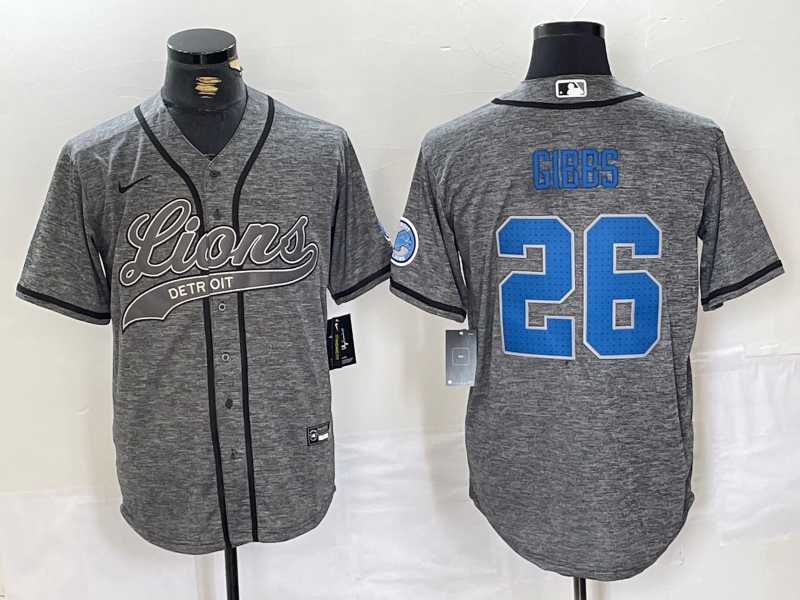 Men%27s Detroit Lions #26 Jahmyr Gibbs Grey Gridiron With Patch Cool Base Stitched Baseball Jersey->detroit lions->NFL Jersey